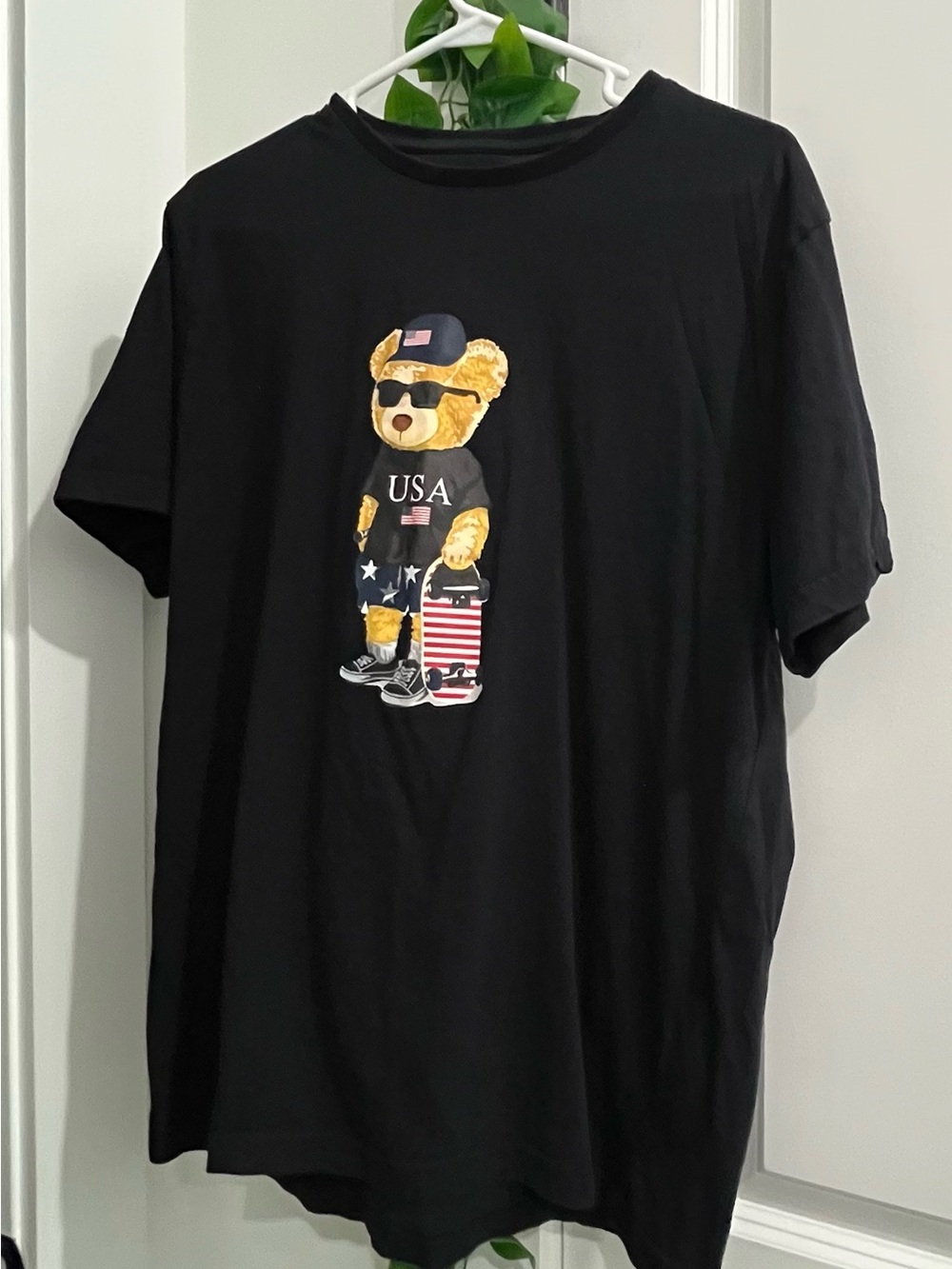 Denim & Flower Black Tee with USA Teddy Bear Graphic
